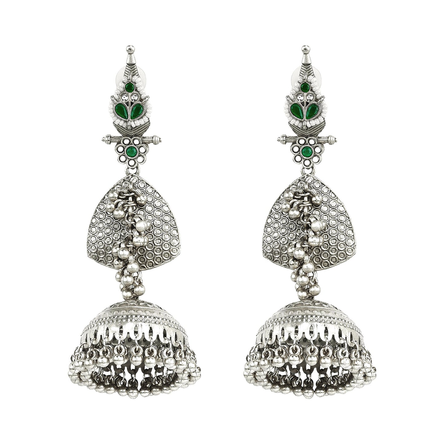 Teejh Dvi Silver and Green Ghungroo Jhumkas