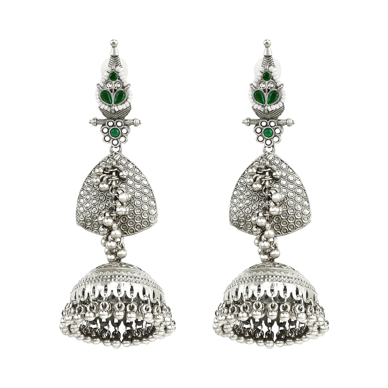Teejh Dvi Silver and Green Ghungroo Jhumkas