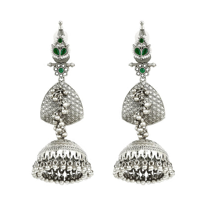 Teejh Dvi Silver and Green Ghungroo Jhumkas