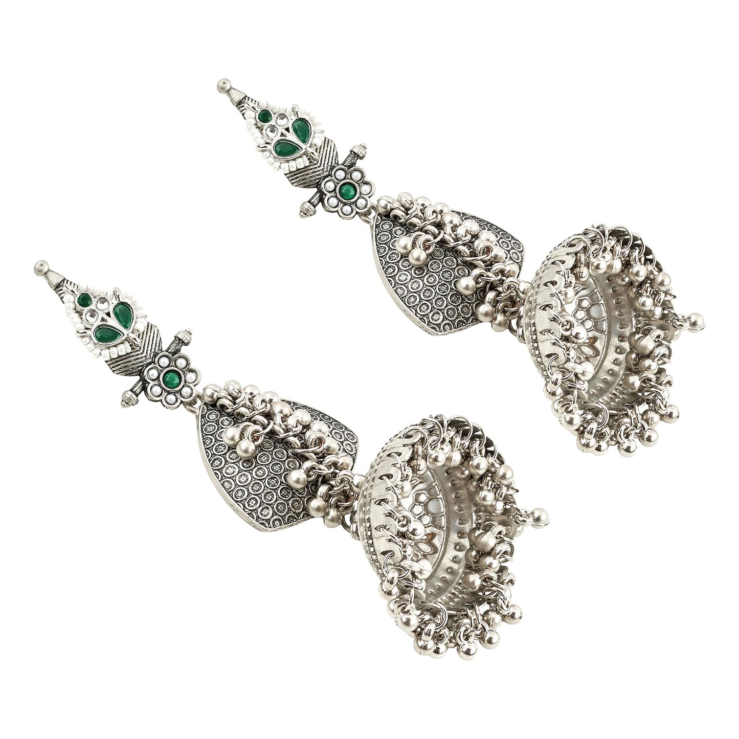 Teejh Dvi Silver and Green Ghungroo Jhumkas