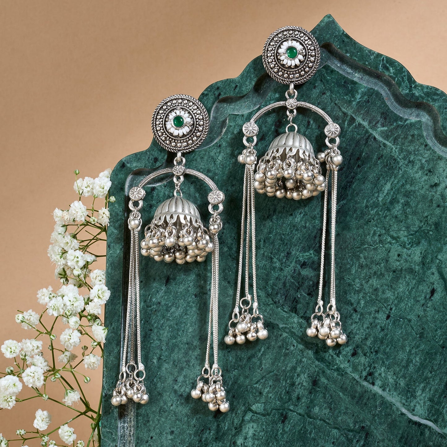 Teejh Dohra Silver and Green Ghungroo Jhumkas
