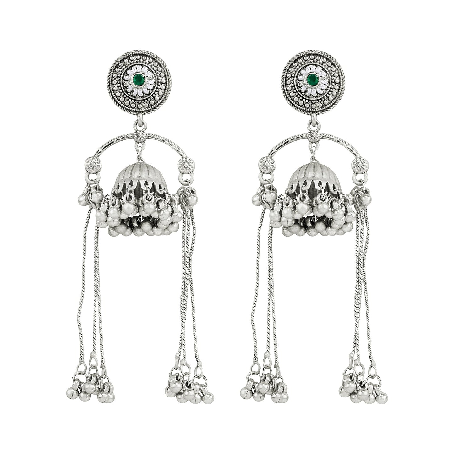 Teejh Dohra Silver and Green Ghungroo Jhumkas
