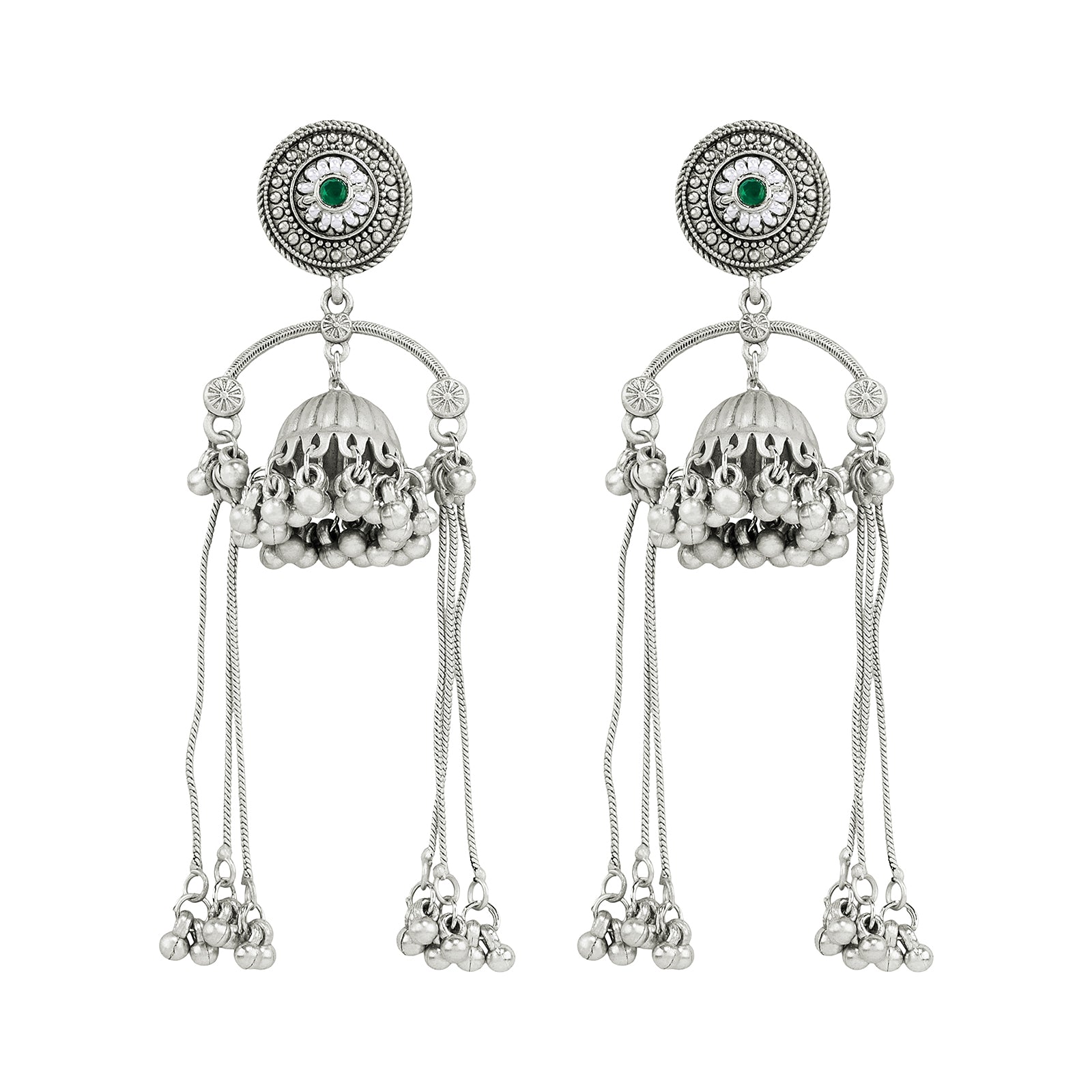 Teejh Dohra Silver and Green Ghungroo Jhumkas