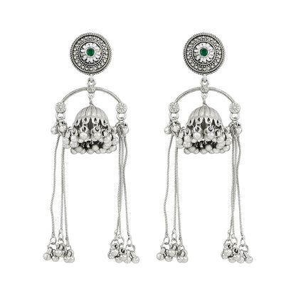 Teejh Dohra Silver and Green Ghungroo Jhumkas