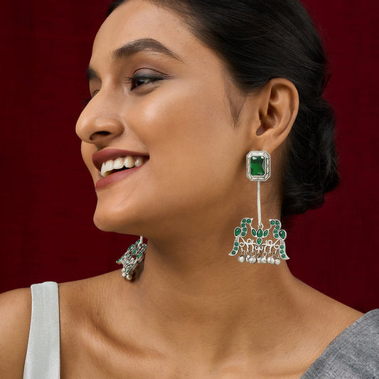 Teejh Diha Silver and Green Stones Jhumka