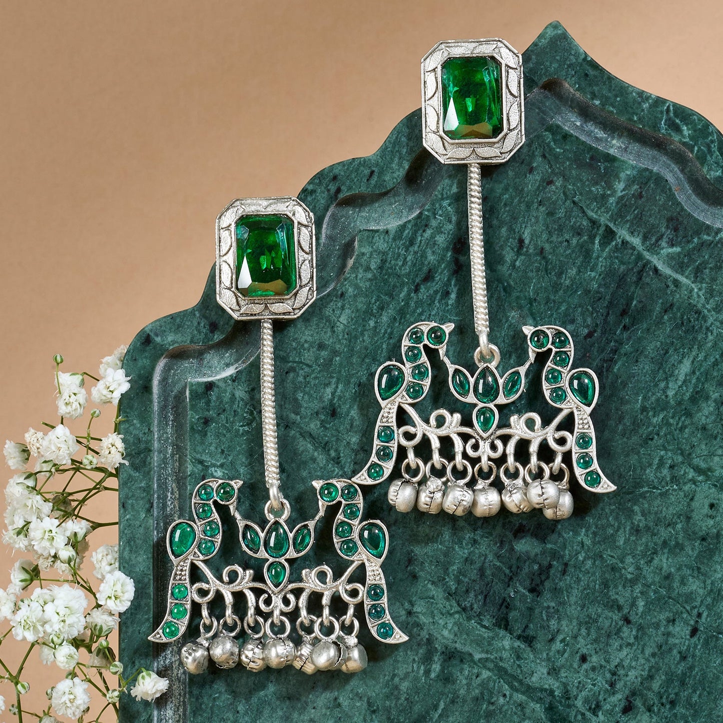 Teejh Diha Silver and Green Stones Jhumka