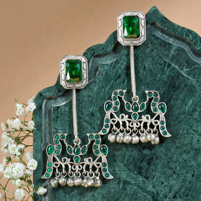 Teejh Diha Silver and Green Stones Jhumka