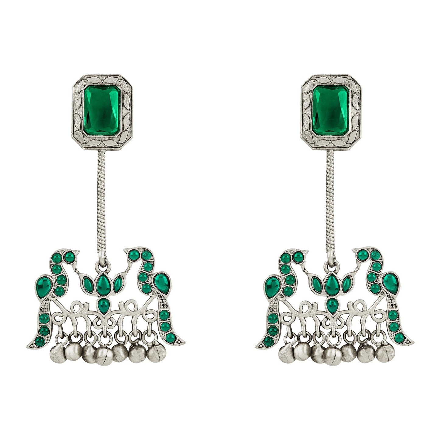 Teejh Diha Silver and Green Stones Jhumka