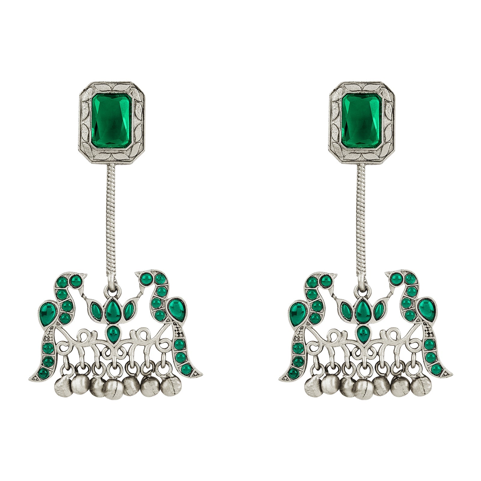 Teejh Diha Silver and Green Stones Jhumka