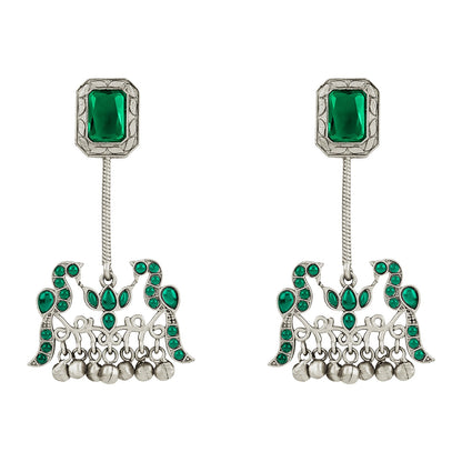 Teejh Diha Silver and Green Stones Jhumka