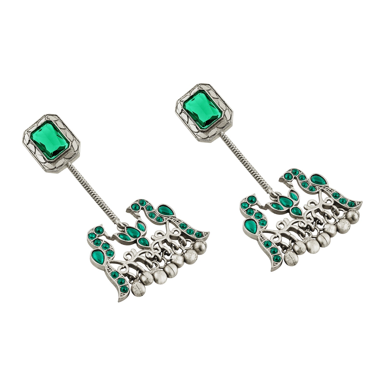Teejh Diha Silver and Green Stones Jhumka