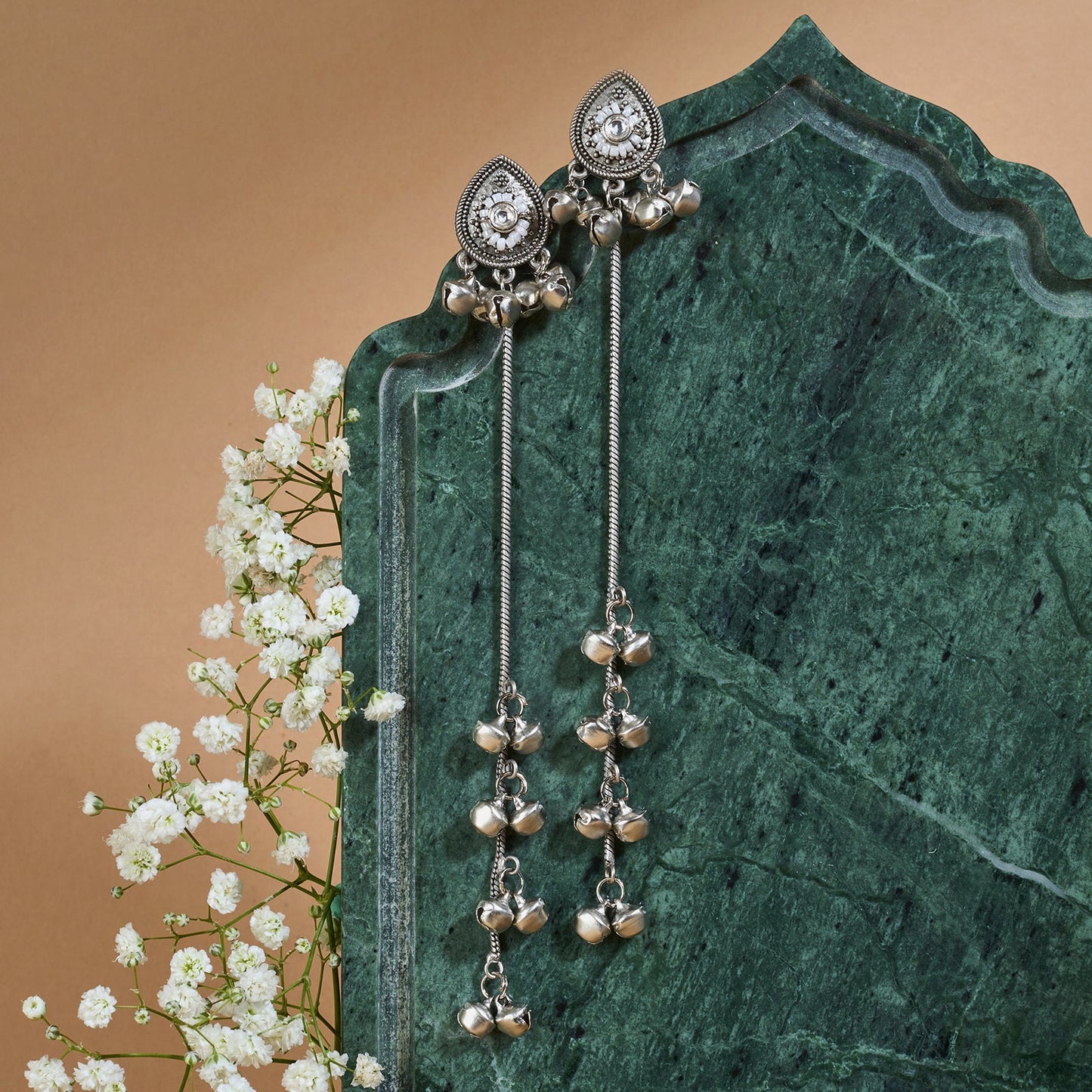 Teejh Begh Silver and White Ghungroo Danglers