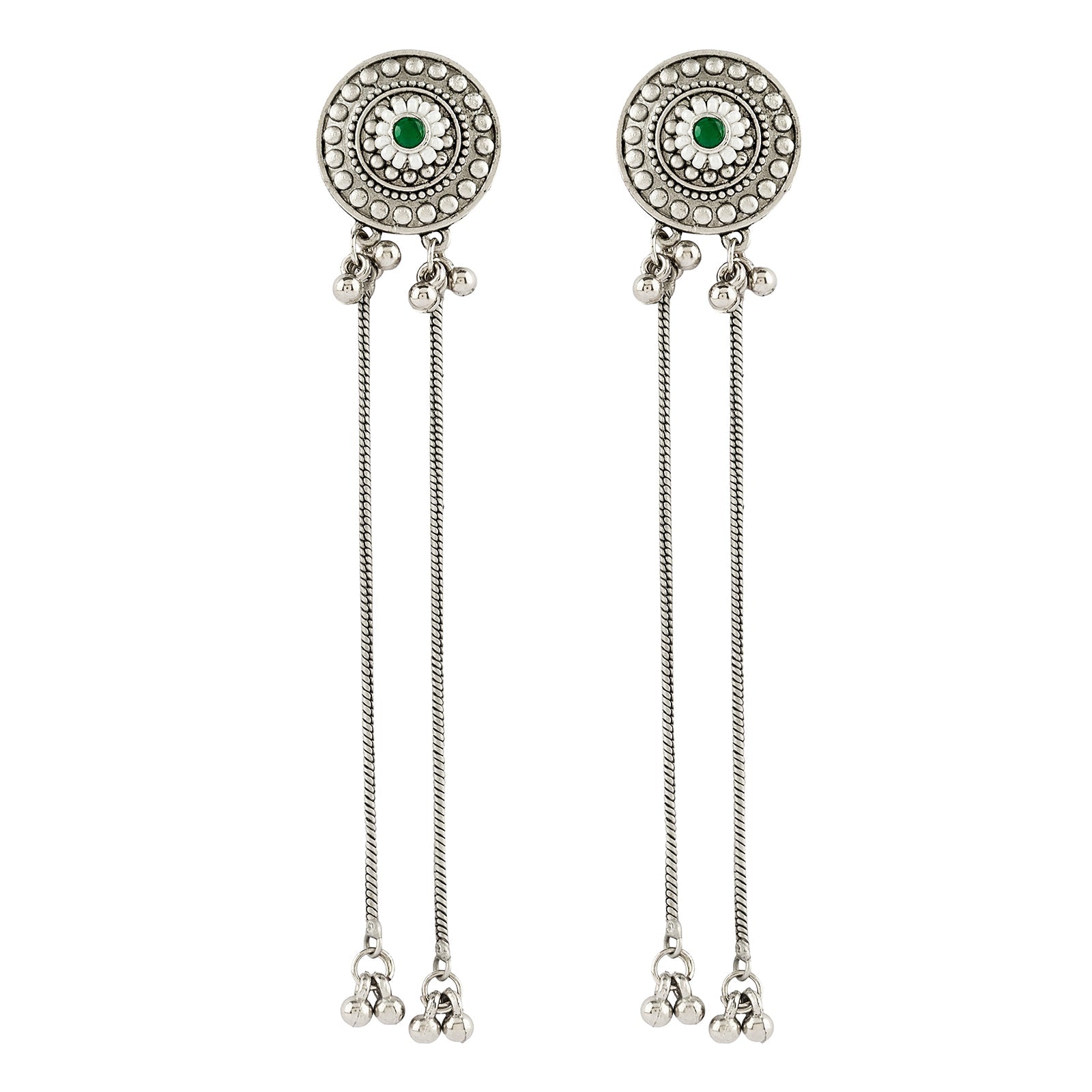 Teejh Yember Silver and Green Ghungroo Chandbali