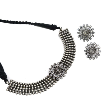 Sasha White Circular Silver Oxidized Necklace Set - Teejh