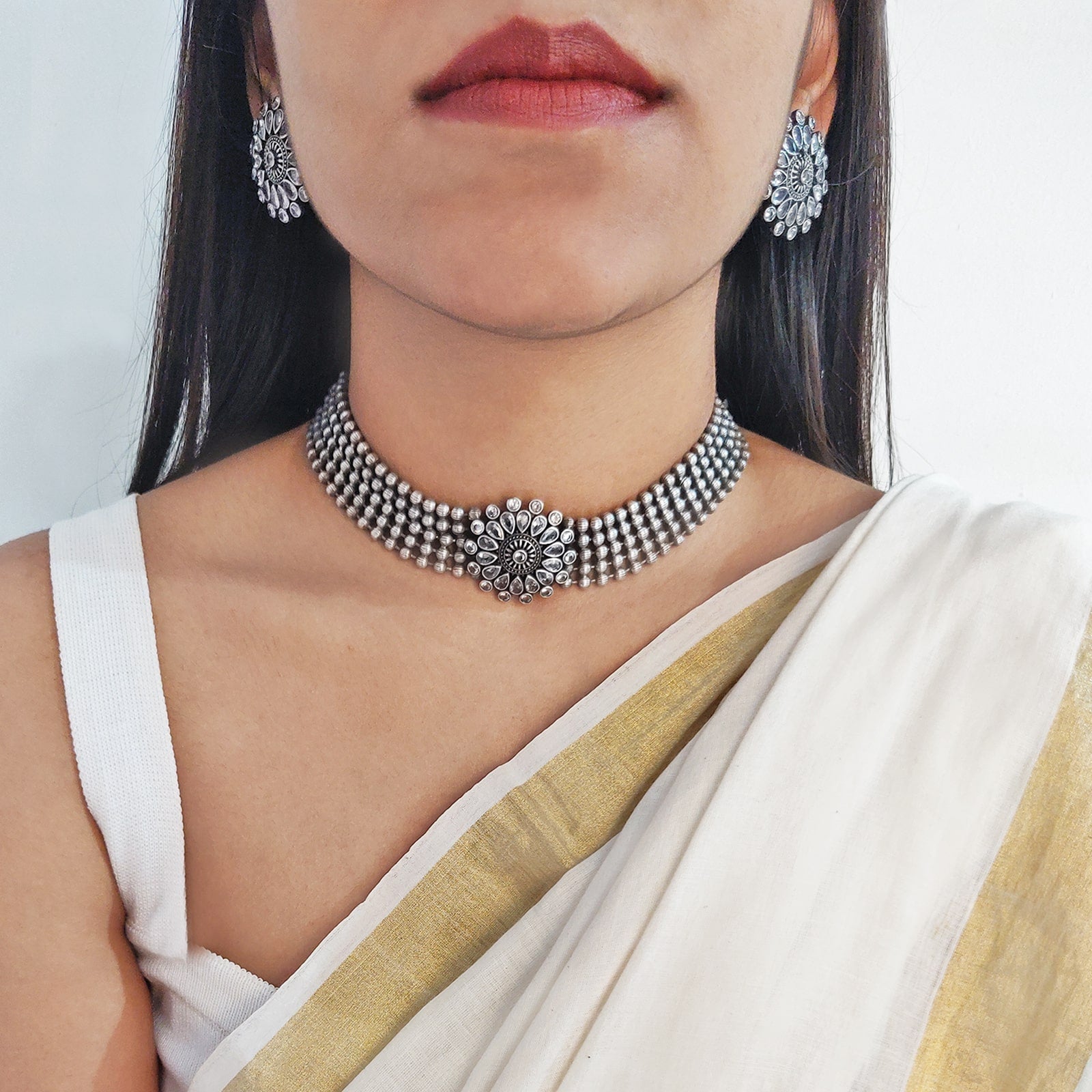 Sasha White Circular Silver Oxidized Necklace Set - Teejh
