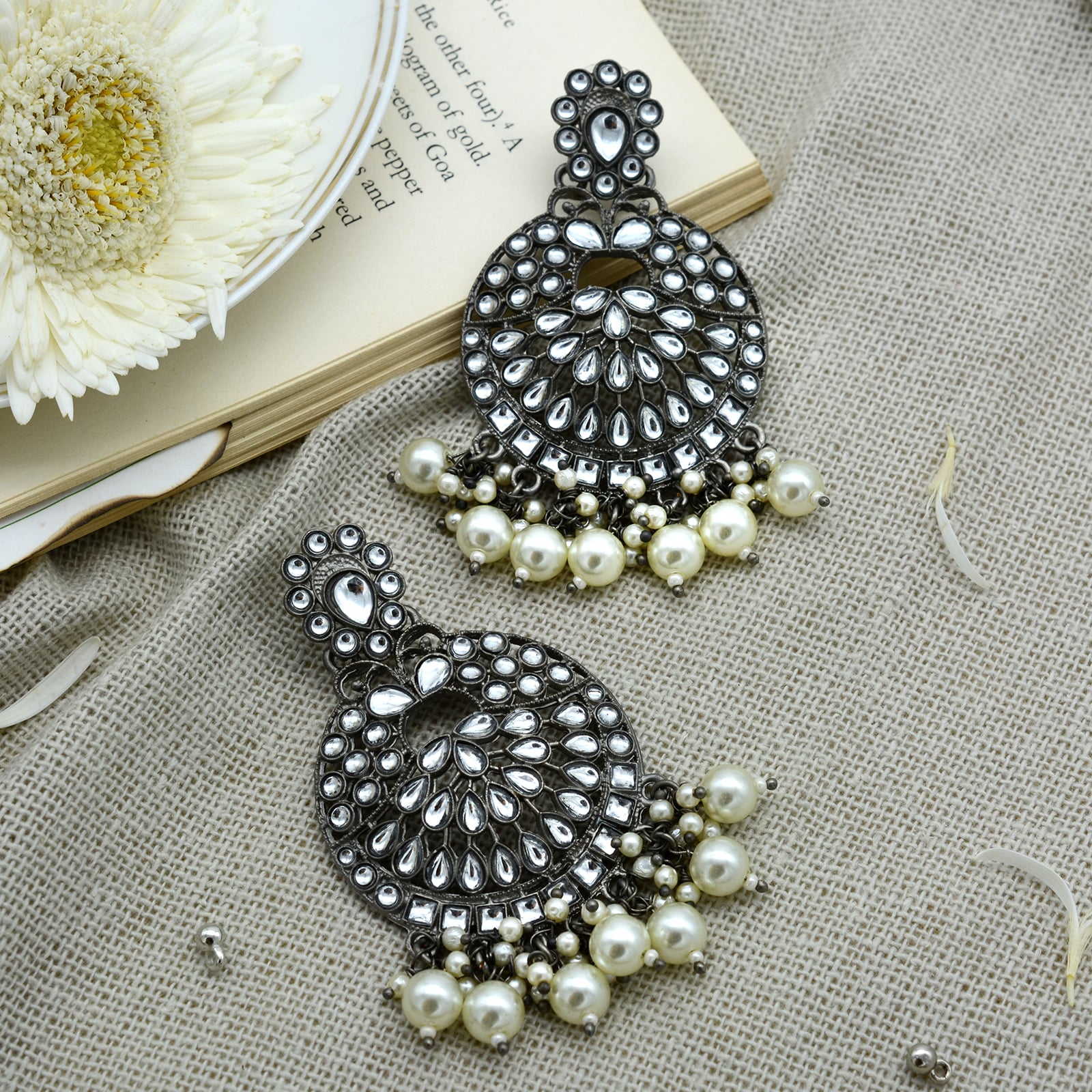 Nisha Silver Oxidized Statement Earrings - Teejh