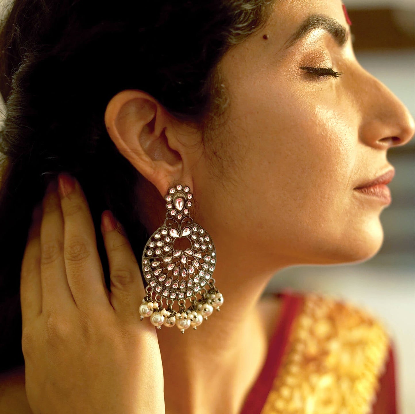 Nisha Silver Oxidized Statement Earrings - Teejh