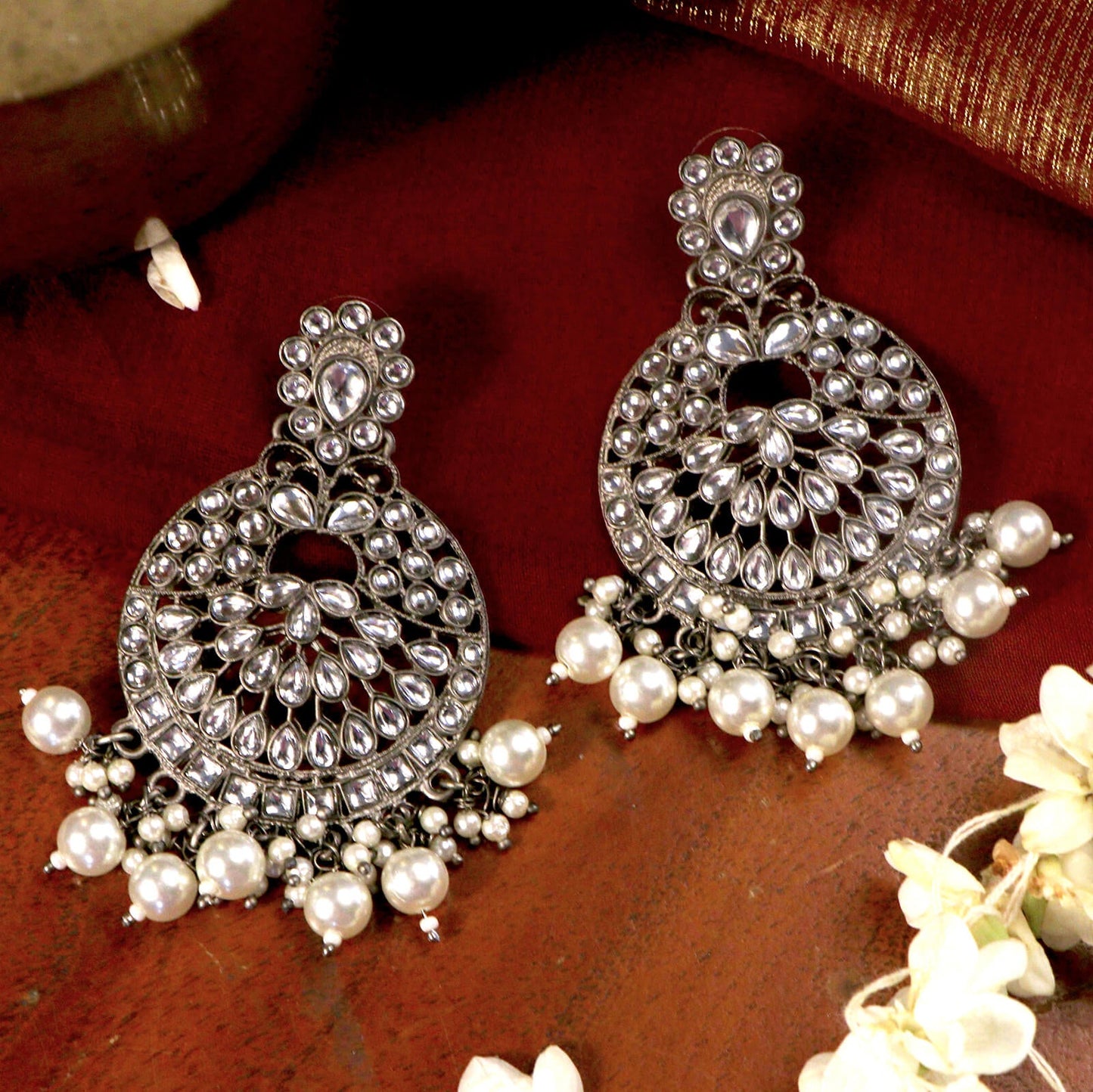 Nisha Silver Oxidized Statement Earrings - Teejh
