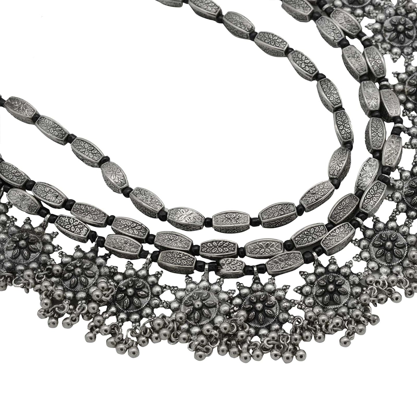 Arunima Floral Silver Oxidized Long Layered Necklace - Teejh