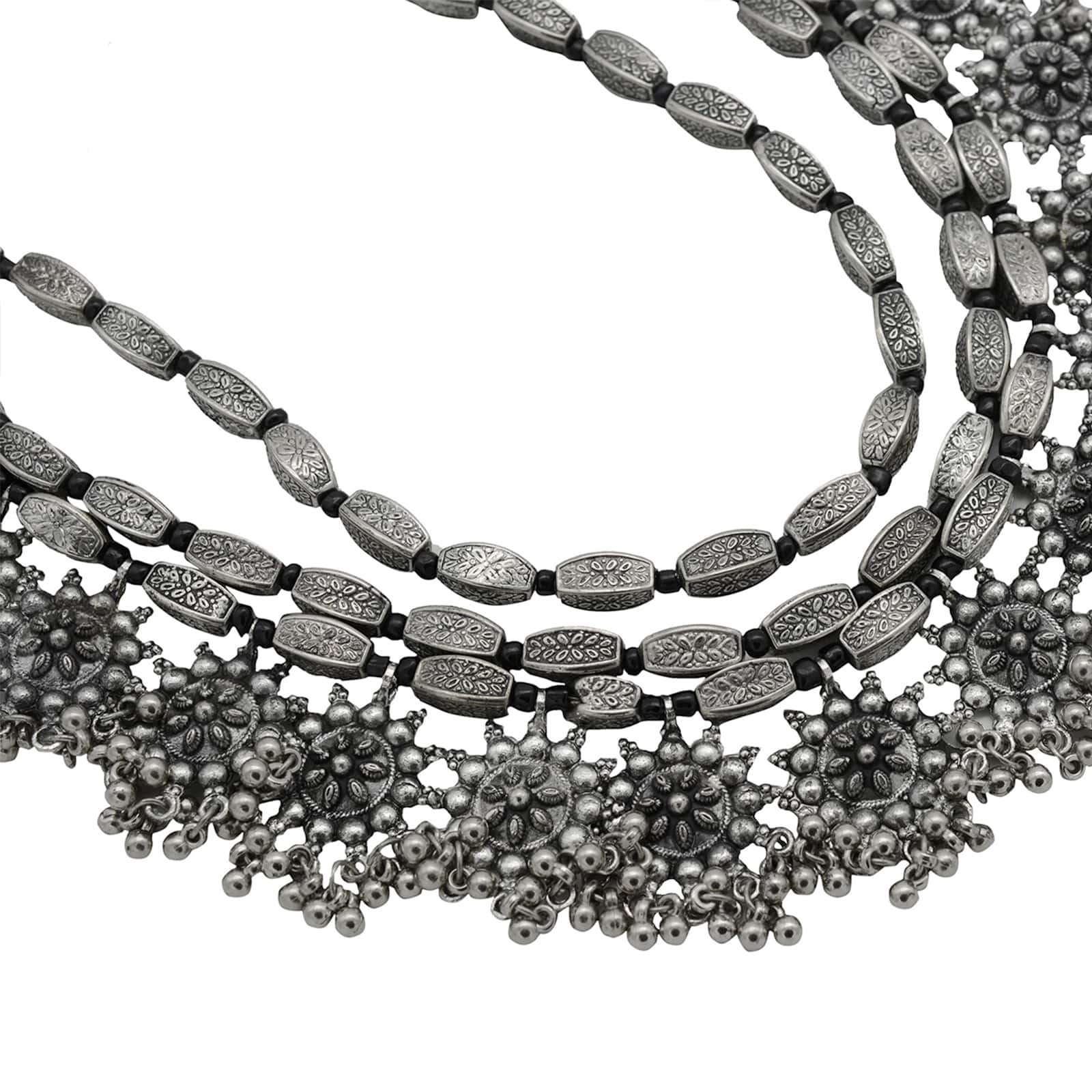 Arunima Floral Silver Oxidized Long Layered Necklace - Teejh