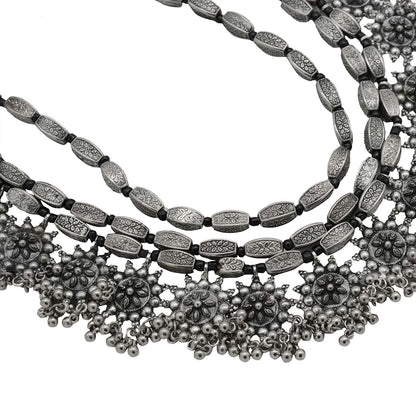 Arunima Floral Silver Oxidized Long Layered Necklace - Teejh
