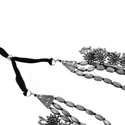 Arunima Floral Silver Oxidized Long Layered Necklace - Teejh