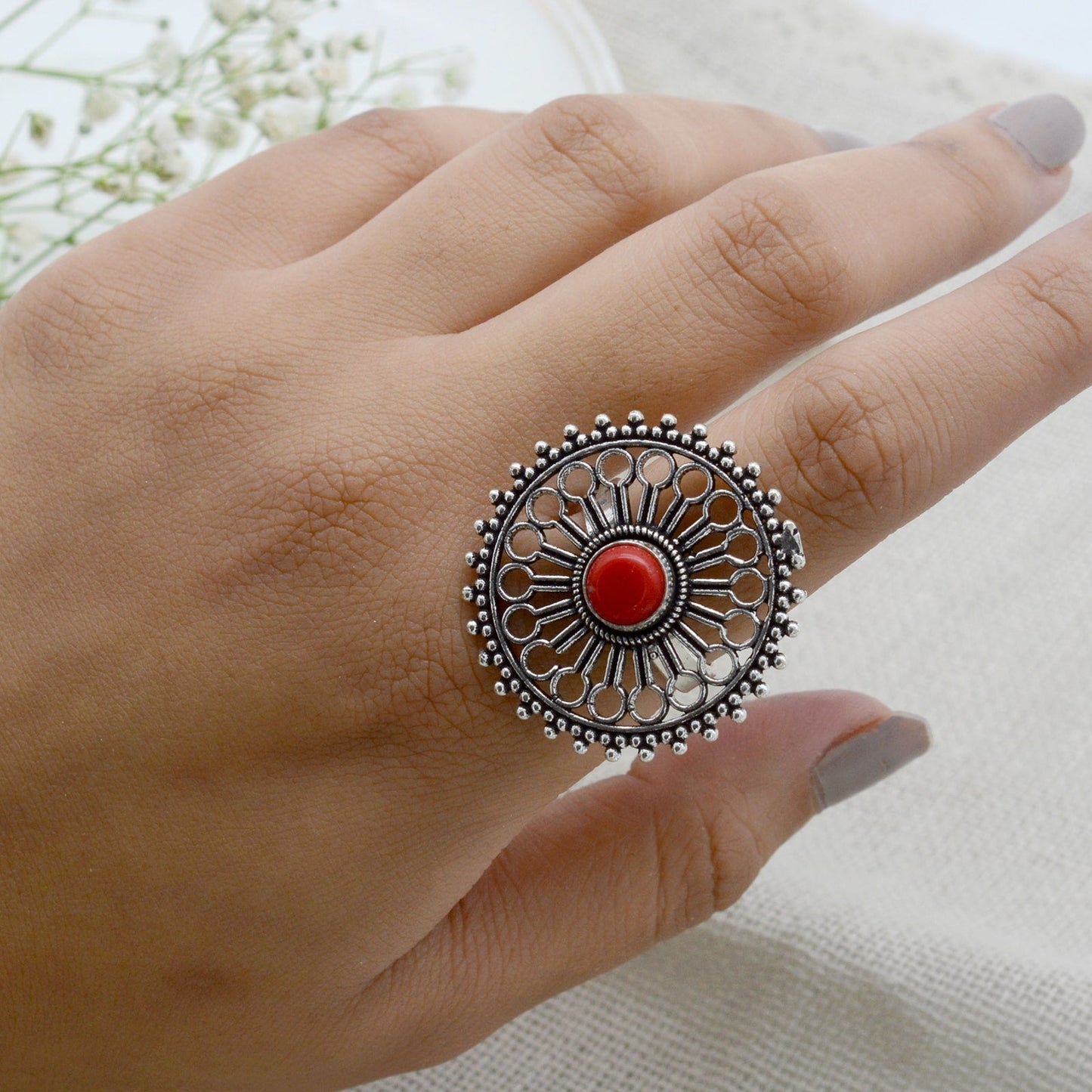 Aruna Red Silver Oxidized Filigree Ring - Teejh