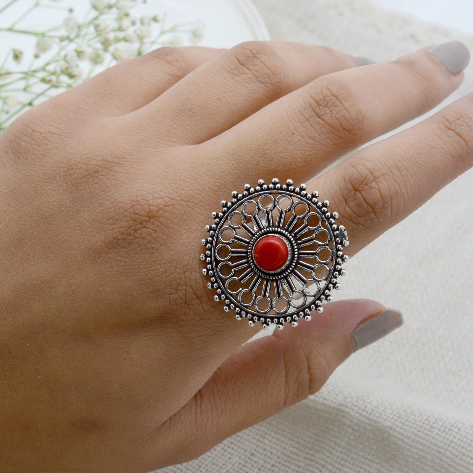 Aruna Red Silver Oxidized Filigree Ring - Teejh