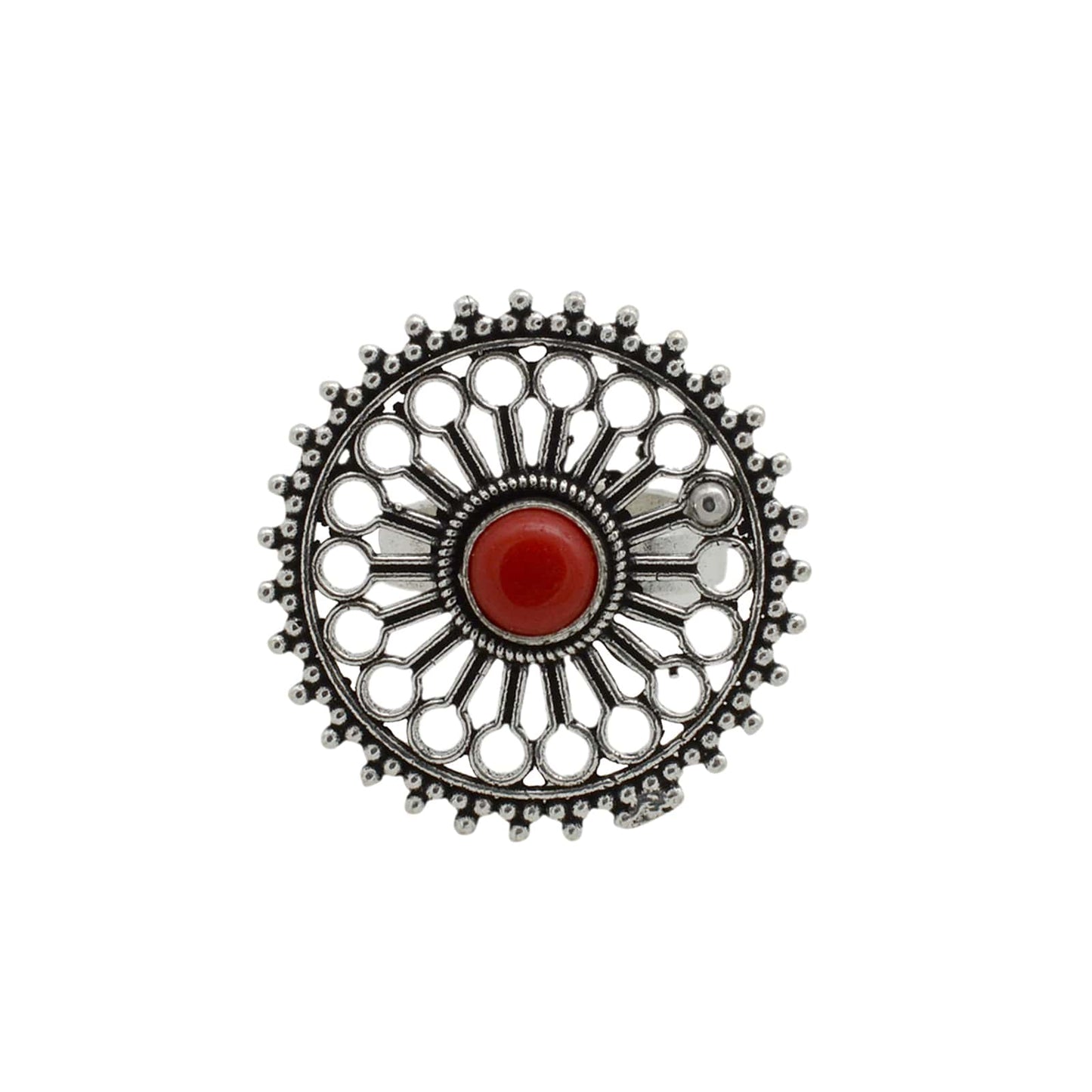 Aruna Red Silver Oxidized Filigree Ring - Teejh