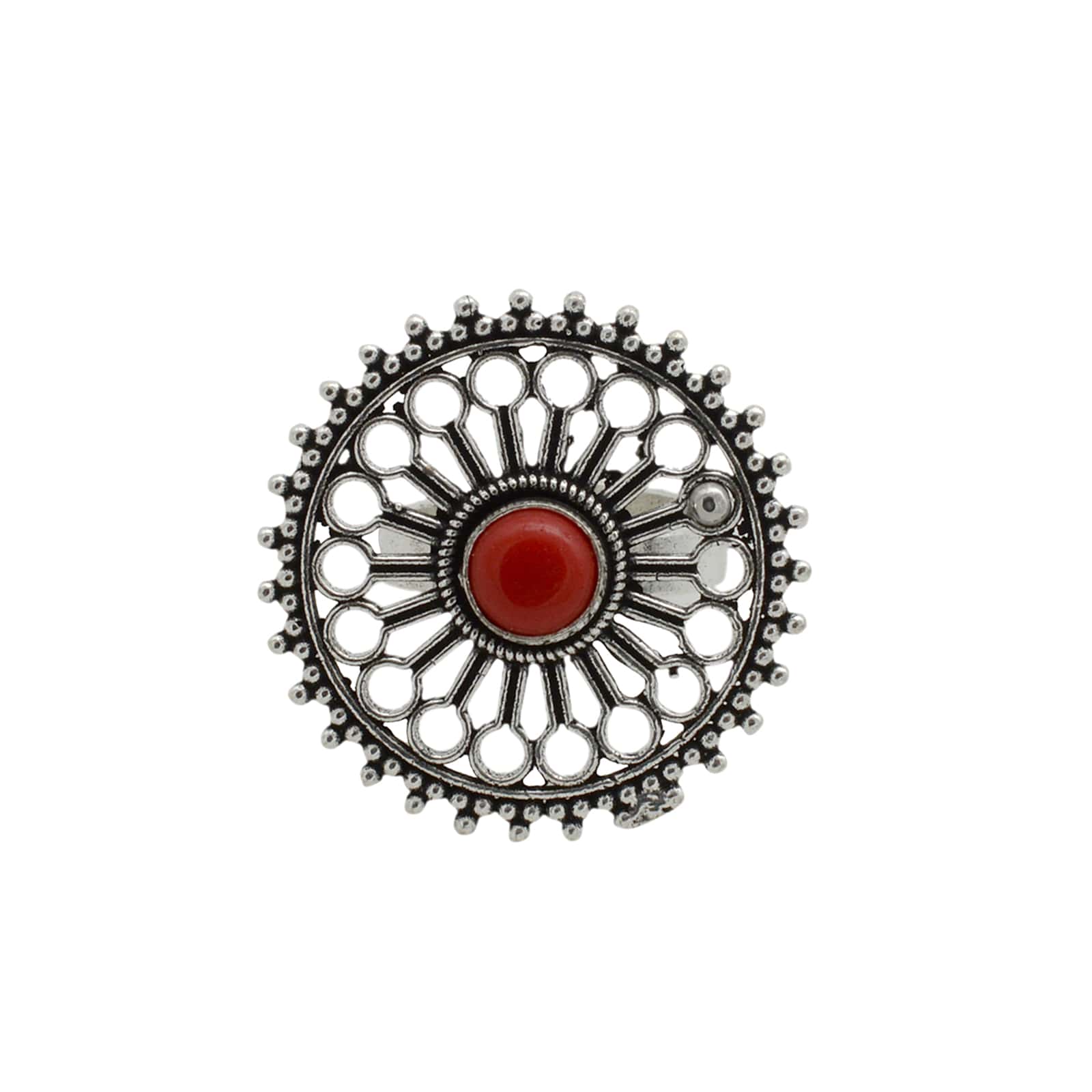 Aruna Red Silver Oxidized Filigree Ring - Teejh