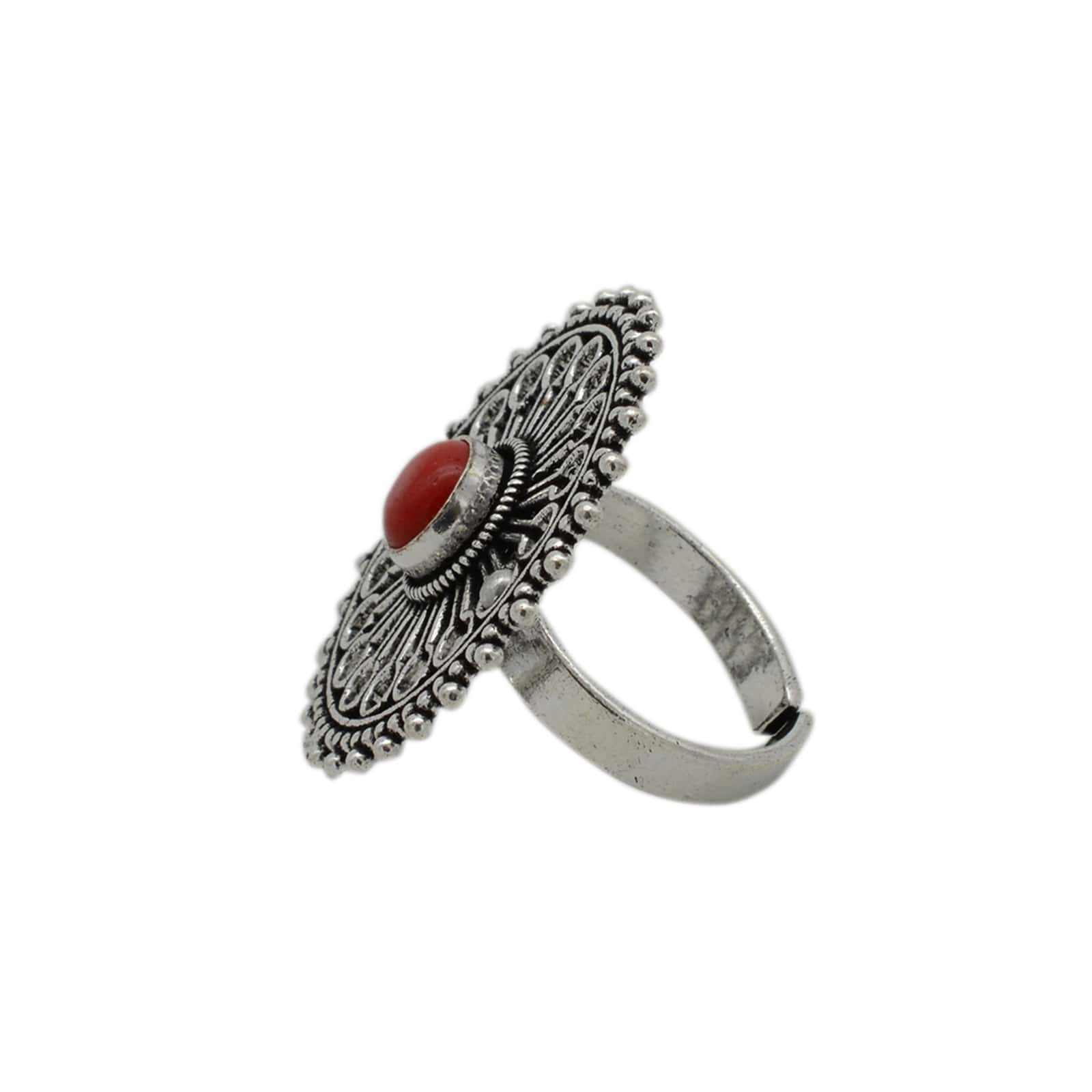 Aruna Red Silver Oxidized Filigree Ring - Teejh