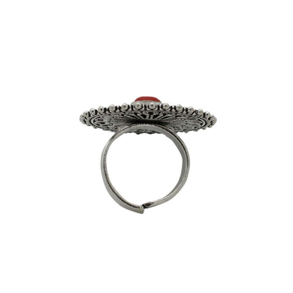 Aruna Red Silver Oxidized Filigree Ring - Teejh