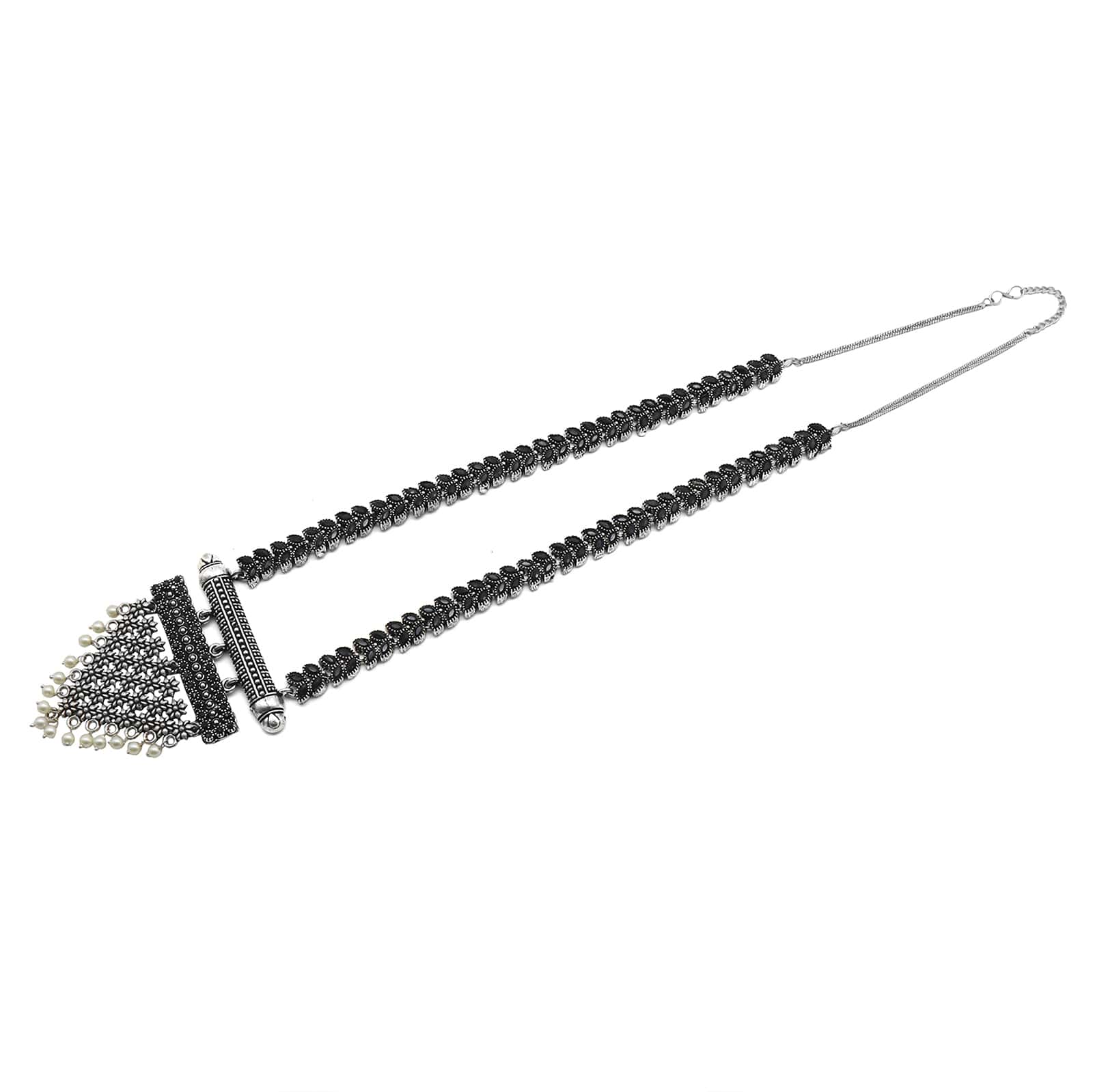 Teejh Niti Black Stone Silver Oxidized Long Necklace Set