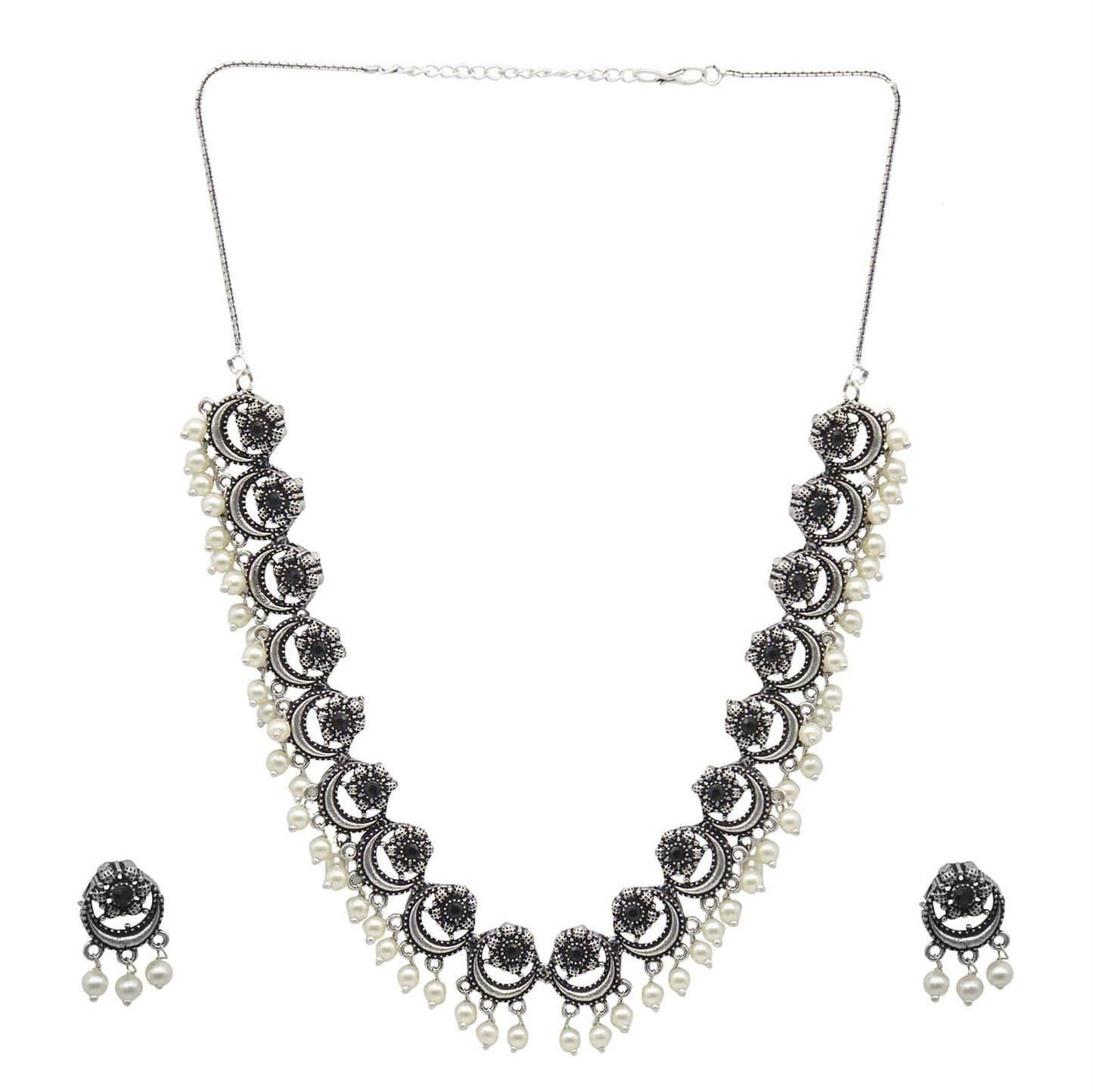 Teejh Rupa Black Stone Silver Oxidized Floral Necklace Set