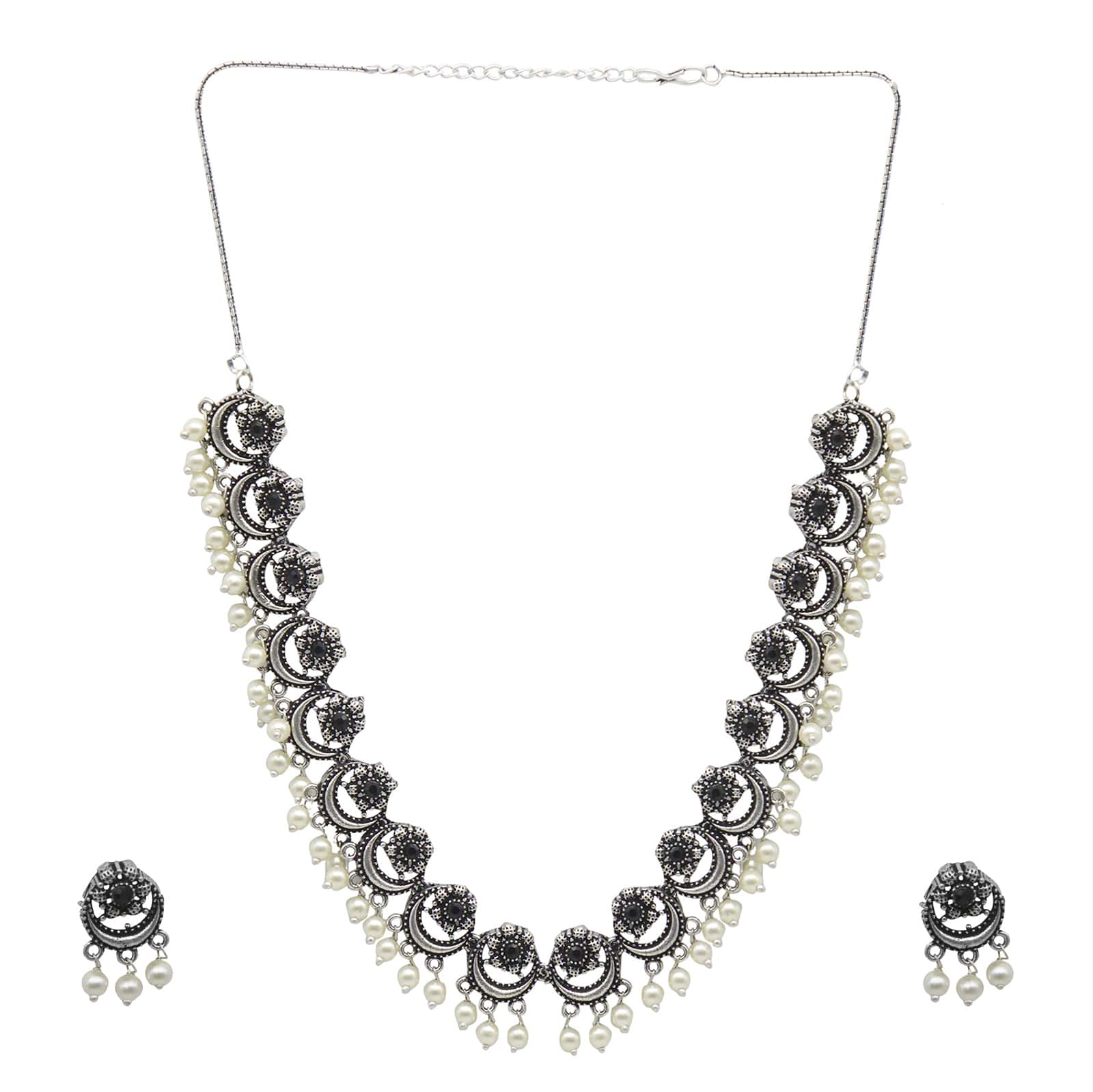 Teejh Rupa Black Stone Silver Oxidized Floral Necklace Set