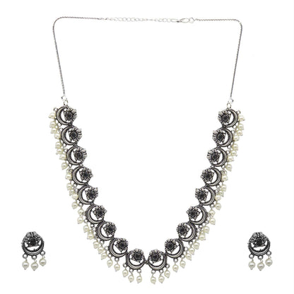 Teejh Rupa Black Stone Silver Oxidized Floral Necklace Set