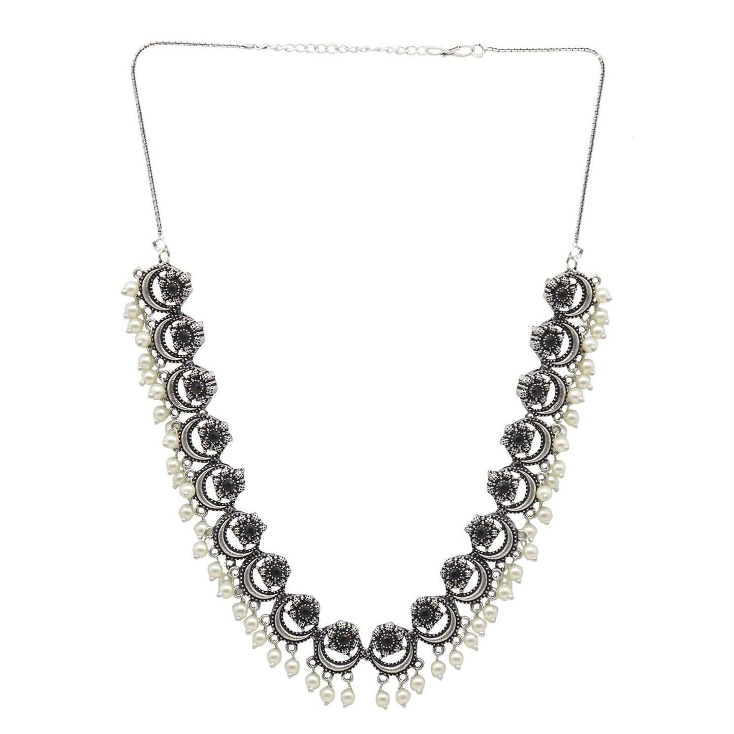 Teejh Rupa Black Stone Silver Oxidized Floral Necklace Set