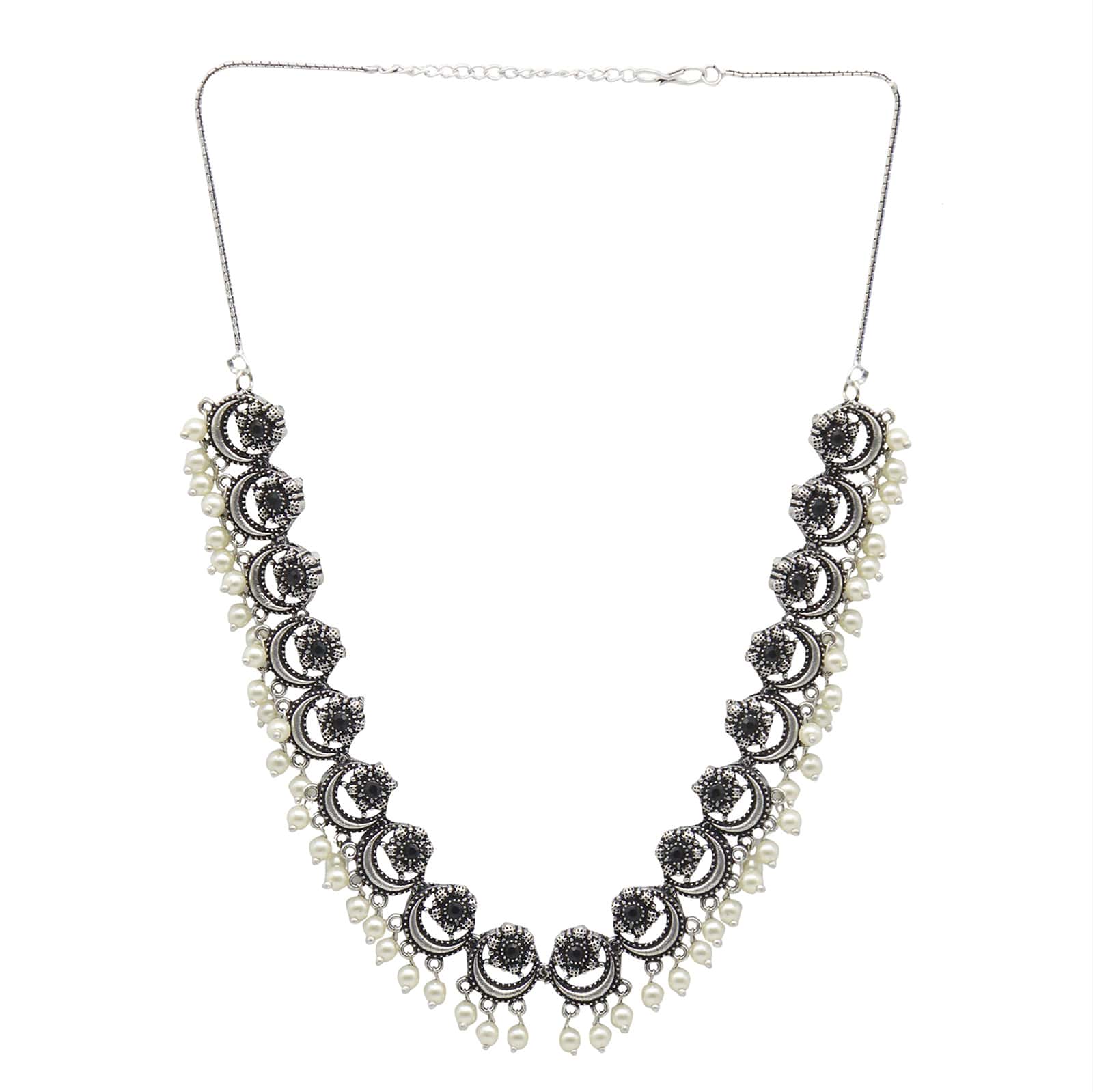 Teejh Rupa Black Stone Silver Oxidized Floral Necklace Set