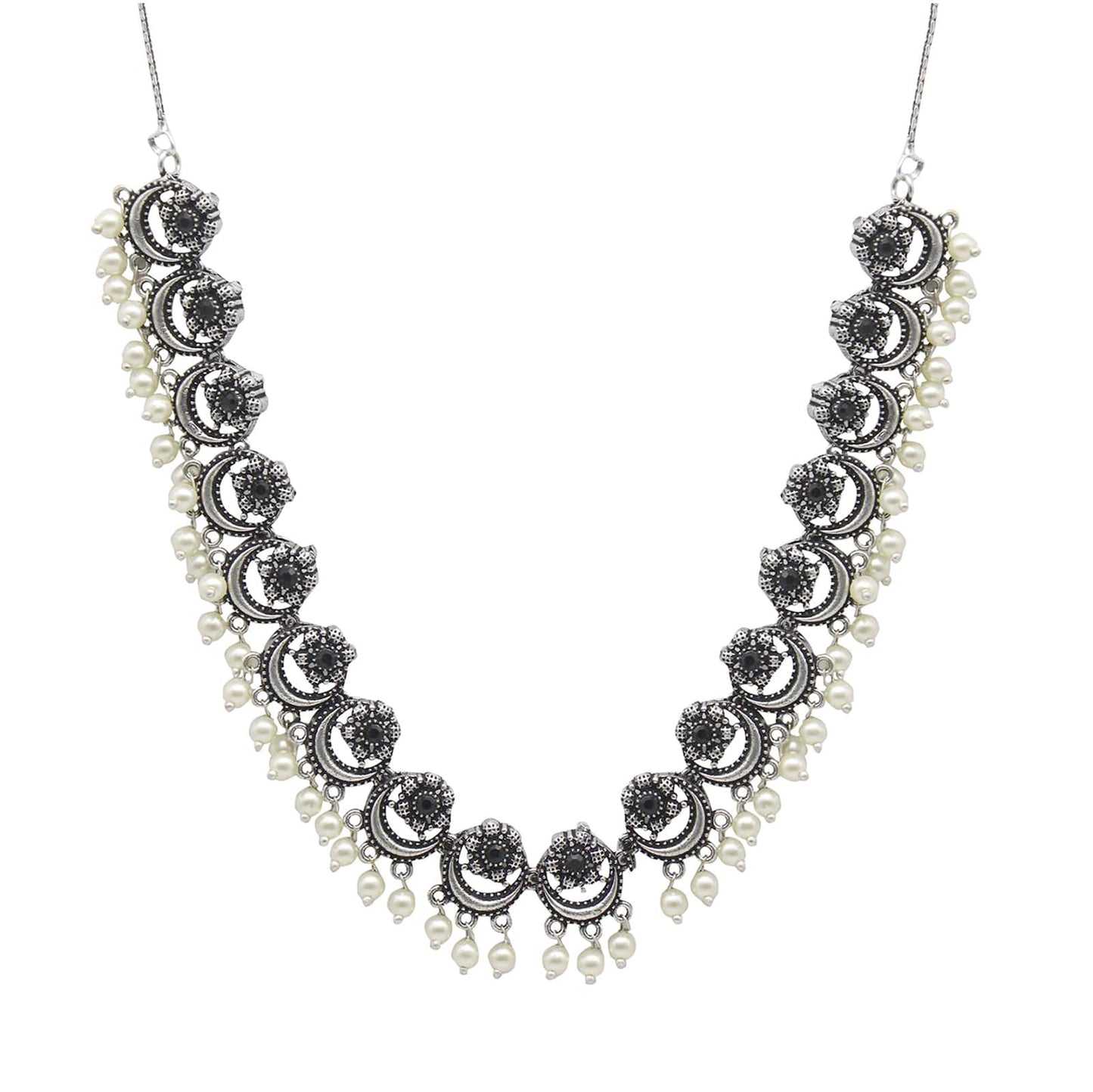 Teejh Rupa Black Stone Silver Oxidized Floral Necklace Set