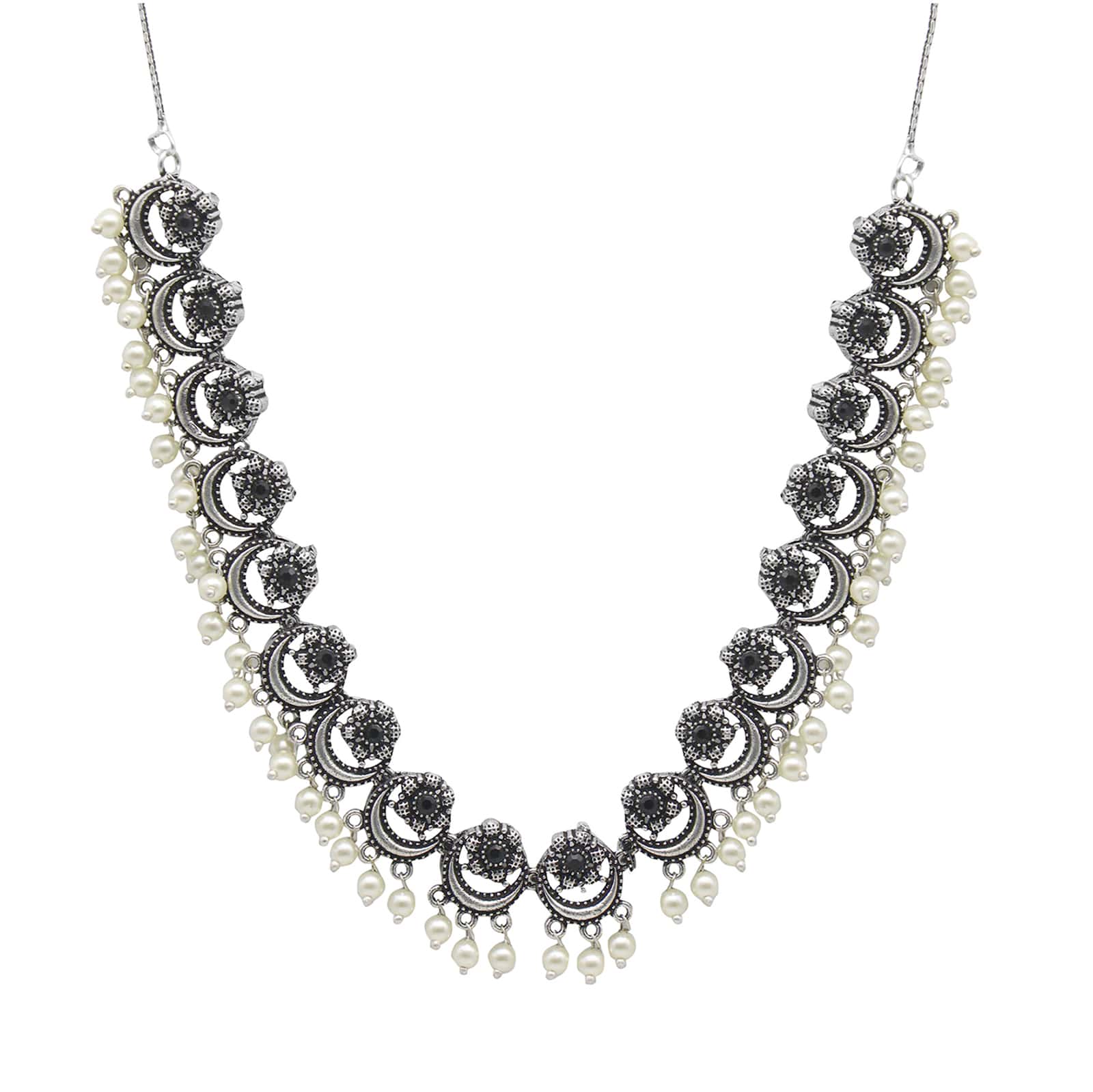 Teejh Rupa Black Stone Silver Oxidized Floral Necklace Set