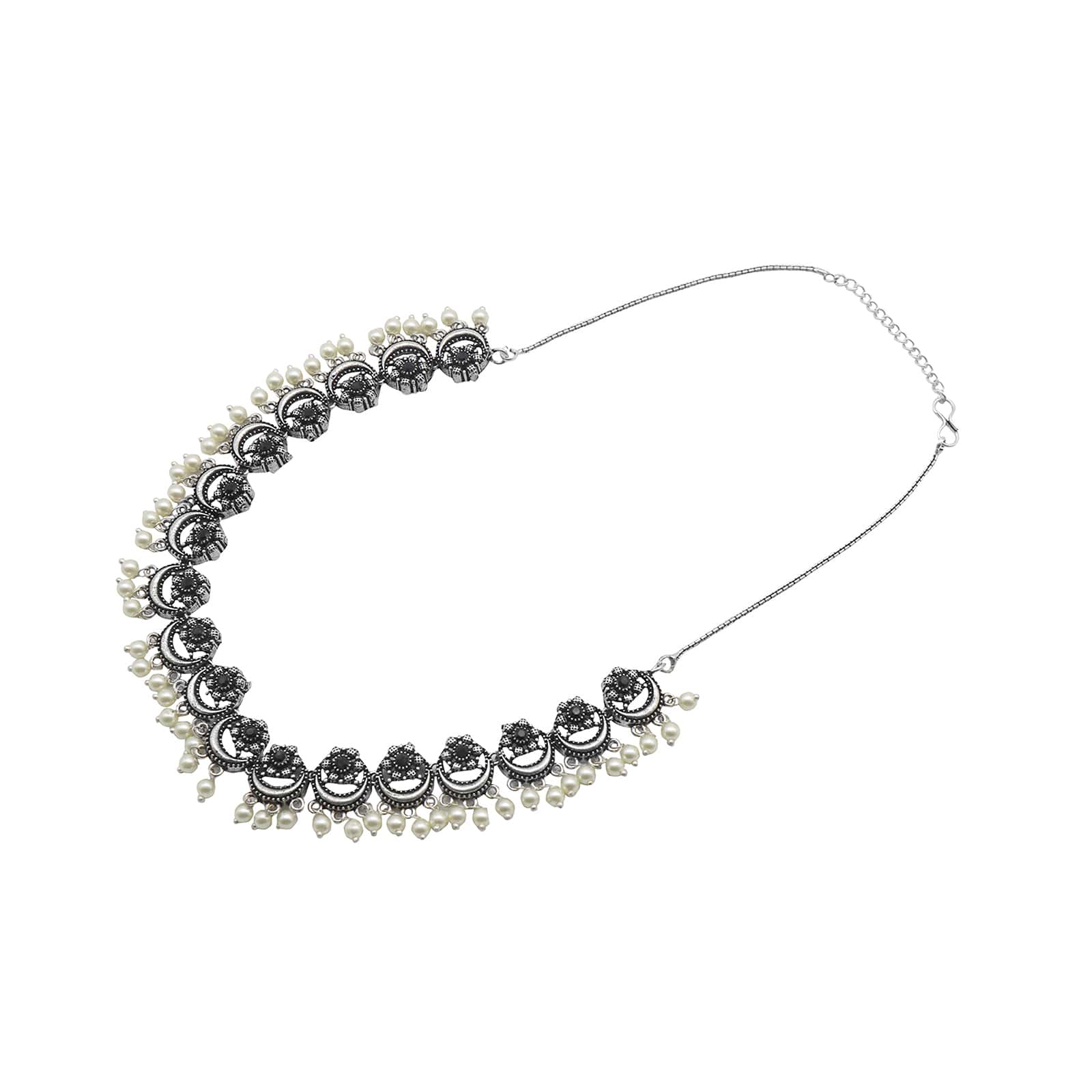 Teejh Rupa Black Stone Silver Oxidized Floral Necklace Set