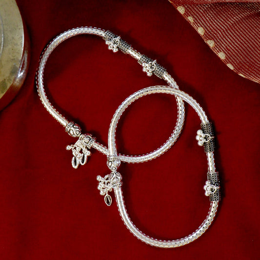 Teejh Double Cylindrical Silver Oxidized Charm Anklets