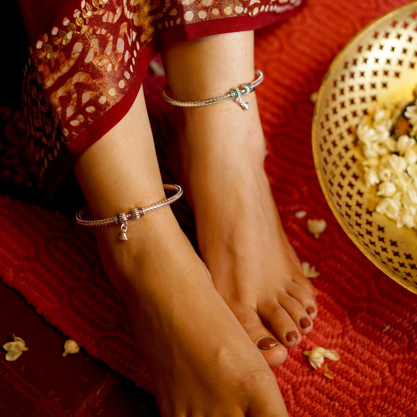 Teejh Circular Silver Oxidized Charm Anklets