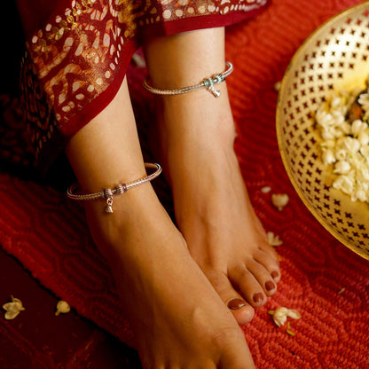 Teejh Circular Silver Oxidized Charm Anklets