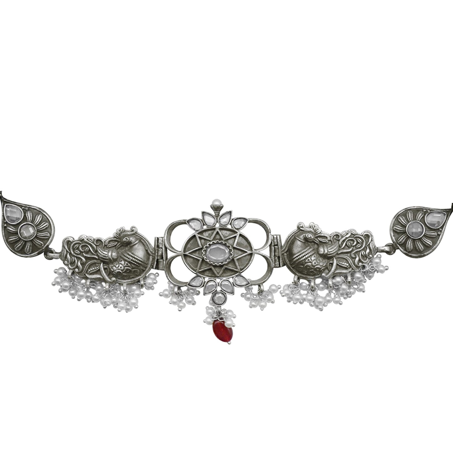 Teejh Dancing Dual Peacock White Silver Oxidized Choker Necklace