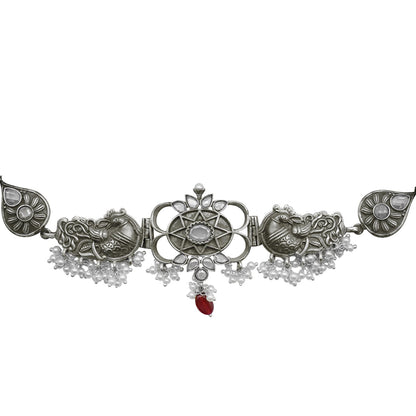 Teejh Dancing Dual Peacock White Silver Oxidized Choker Necklace