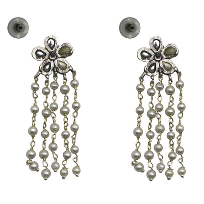 Teejh Blossom Polki Silver Oxidized Pearl Earrings