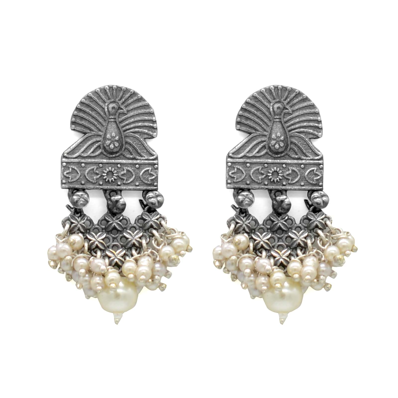 Antique Silver Peacock Pearl Earrings - Teejh