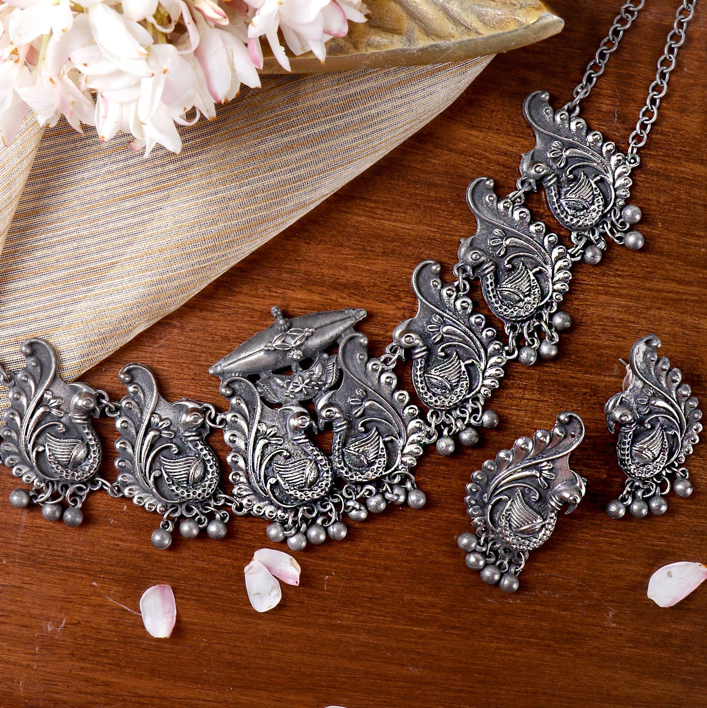 Teejh Suhani Peacock Silver Oxidised Necklace Set