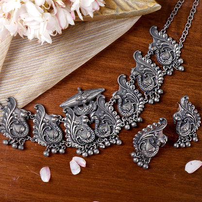 Teejh Suhani Peacock Silver Oxidised Necklace Set